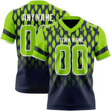 Load image into Gallery viewer, Custom Navy Neon Green-White Authentic Geometric Pixel Grid Fade Football Jersey