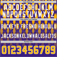 Laden Sie das Bild in den Galerie-Viewer, Custom Purple Gold-White Authentic Geometric Pixel Grid Fade Football Jersey