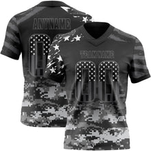 Load image into Gallery viewer, Custom Black USA Flag Camo-Steel Gray Authentic Gradient Digital Camouflage Stars & Stripes Raglan Sleeves Football Jersey
