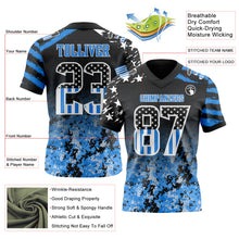 Load image into Gallery viewer, Custom Black USA Flag Camo White-Powder Blue Authentic Gradient Digital Camouflage Stars & Stripes Raglan Sleeves Football Jersey