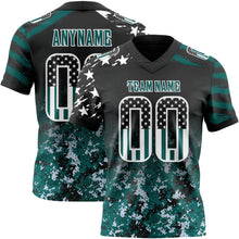 Load image into Gallery viewer, Custom Black USA Flag Camo White-Midnight Green Authentic Gradient Digital Camouflage Stars & Stripes Raglan Sleeves Football Jersey