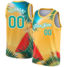 Загрузить изображение в средство просмотра галереи, Custom Gold Teal-White 3D Pattern Tropical Beach Hawaii Palm Trees Authentic Basketball Jersey