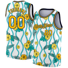 Загрузить изображение в средство просмотра галереи, Custom White Gold-Navy 3D Pattern Tropical Hawaii Plant And Flower Authentic Basketball Jersey
