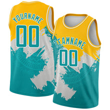 Загрузить изображение в средство просмотра галереи, Custom Gold Aqua-White 3D Pattern Design Religion Authentic Basketball Jersey