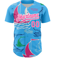 Charger l'image dans la galerie, Custom Sky Blue Pink-White 3D Pattern Design Sailing Boats Authentic Baseball Jersey