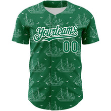 Load image into Gallery viewer, Custom Kelly Green White 3D Pattern Design Ship Frigate With Seagulls Authentic Baseball Jersey