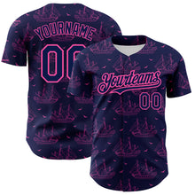Загрузить изображение в средство просмотра галереи, Custom Navy Pink 3D Pattern Design Ship Frigate With Seagulls Authentic Baseball Jersey