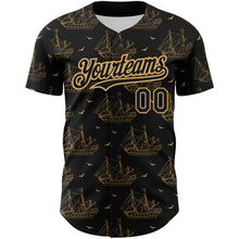 Загрузить изображение в средство просмотра галереи, Custom Black Old Gold 3D Pattern Design Ship Frigate With Seagulls Authentic Baseball Jersey