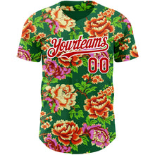 Load image into Gallery viewer, Custom Kelly Green Red-White 3D Pattern Design Northeast China Big Flower Authentic Baseball Jersey