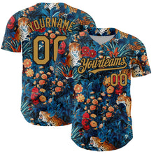 Charger l'image dans la galerie, Custom Royal Old Gold-Black 3D Pattern Design Northeast China Big Flower And Leopard Authentic Baseball Jersey