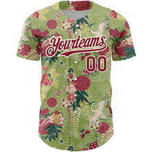 Load image into Gallery viewer, Custom Green Crimson-Cream 3D Pattern Design Northeast China Big Flower And Crane Authentic Baseball Jersey