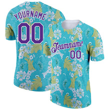 Load image into Gallery viewer, Custom Teal Purple-White 3D Pattern Design Flowers Performance T-Shirt
