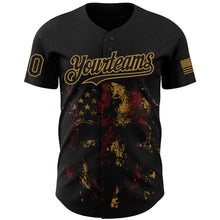 Load image into Gallery viewer, Custom Black Old Gold 3D American Flag Skull Patriotic Authentic Baseball Jersey