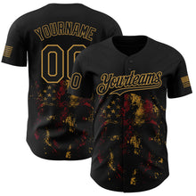 Load image into Gallery viewer, Custom Black Old Gold 3D American Flag Skull Patriotic Authentic Baseball Jersey