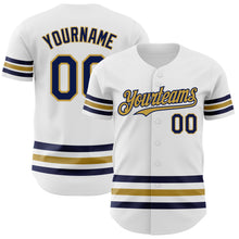 Load image into Gallery viewer, Custom White Navy-Old Gold Line Authentic Baseball Jersey
