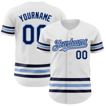 Load image into Gallery viewer, Custom White Navy-Light Blue Line Authentic Baseball Jersey
