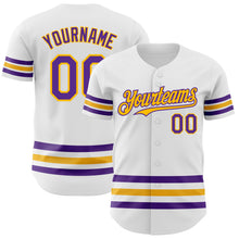 Load image into Gallery viewer, Custom White Purple-Gold Line Authentic Baseball Jersey
