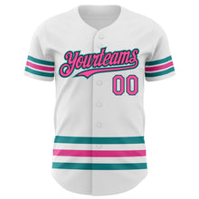 Load image into Gallery viewer, Custom White Pink Black-Teal Line Authentic Baseball Jersey
