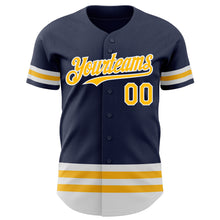 Load image into Gallery viewer, Custom Navy Gold-White Line Authentic Baseball Jersey