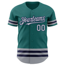 Load image into Gallery viewer, Custom Teal Gray-Navy Line Authentic Baseball Jersey
