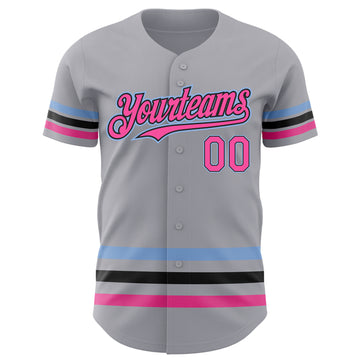 Custom Gray Pink Black-Light Blue Line Authentic Baseball Jersey