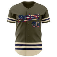 Загрузить изображение в средство просмотра галереи, Custom Olive Vintage USA Flag Navy-Cream Line Authentic Salute To Service Baseball Jersey