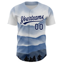Загрузить изображение в средство просмотра галереи, Custom White Navy 3D Pattern Design Watercolor Mountains Authentic Baseball Jersey