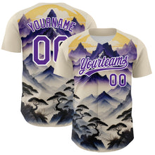 Load image into Gallery viewer, Custom White Purple 3D Pattern Design Mountains Landscape Authentic Baseball Jersey