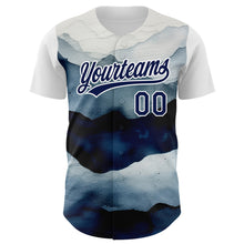Загрузить изображение в средство просмотра галереи, Custom White Navy 3D Pattern Design Watercolor Mountains Authentic Baseball Jersey