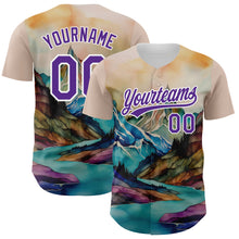 Load image into Gallery viewer, Custom White Purple 3D Pattern Design Mountains Landscape Authentic Baseball Jersey