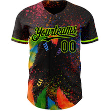 Load image into Gallery viewer, Custom Black Neon Green 3D Pattern Design Holi Festival Color Powder Authentic Baseball Jersey