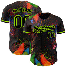 Load image into Gallery viewer, Custom Black Neon Green 3D Pattern Design Holi Festival Color Powder Authentic Baseball Jersey