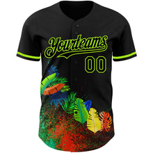 Load image into Gallery viewer, Custom Black Neon Green 3D Pattern Design Holi Festival Color Powder Authentic Baseball Jersey
