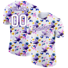 Load image into Gallery viewer, Custom White Purple 3D Pattern Design Tropical Hawaii Flower With Bird Performance T-Shirt