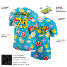 Load image into Gallery viewer, Custom Sky Blue Neon Yellow-Black 3D Pattern Design Summer Holiday Flower And Fruit Performance T-Shirt