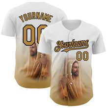 Загрузить изображение в средство просмотра галереи, Custom White Old Gold-Black 3D Pattern Design Religion Jesus Christ Authentic Baseball Jersey