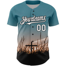 Загрузить изображение в средство просмотра галереи, Custom Teal White-Black 3D Pattern Design Religion Cross Jesus Christ Good Friday Authentic Baseball Jersey