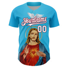 Загрузить изображение в средство просмотра галереи, Custom Sky Blue White-Maroon 3D Pattern Design Religion Jesus Christ And Virgin Mary Authentic Baseball Jersey