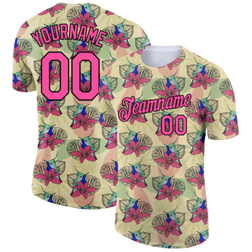 Custom City Cream Pink-Black 3D Pattern Design Tropical Hawaii Colibri And Flower Performance T-Shirt