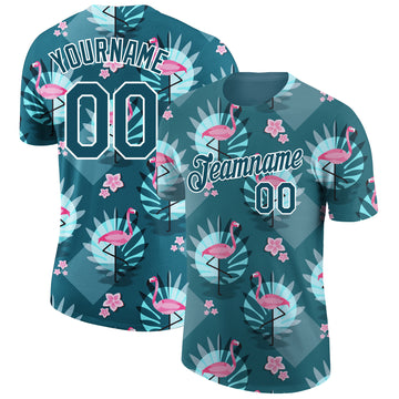 Custom Teal White 3D Pattern Design Tropical Hawaii Flamingo Performance T-Shirt