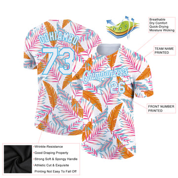 Custom White Sky Blue 3D Pattern Design Tropical Hawaii Leaves Performance T-Shirt