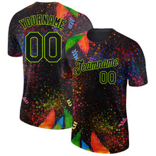 Load image into Gallery viewer, Custom Black Neon Green 3D Pattern Design Holi Festival Color Powder Performance T-Shirt