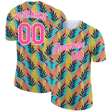 Custom White Pink 3D Pattern Design Tropical Palm Leaf Performance T-Shirt