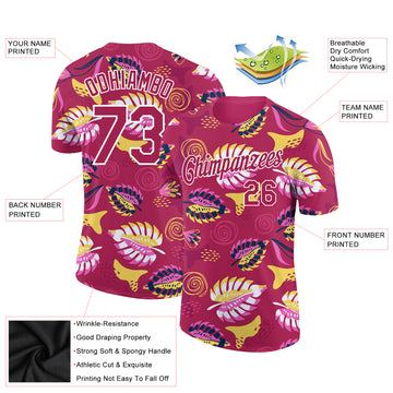 Custom Deep Pink White 3D Pattern Design Tropical Palm Leaf Performance T-Shirt
