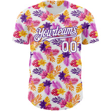 Загрузить изображение в средство просмотра галереи, Custom White Purple 3D Pattern Design Tropical Flower And Hawaii Palm Leaves Authentic Baseball Jersey