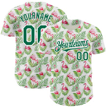 Charger l'image dans la galerie, Custom White Kelly Green 3D Pattern Design Tropical Hawaii Palm Leaves And Flamingo Authentic Baseball Jersey