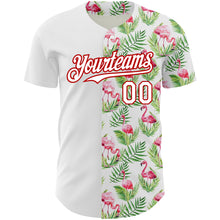 Laden Sie das Bild in den Galerie-Viewer, Custom White Red 3D Pattern Design Tropical Hawaii Palm Leaves And Flamingo Authentic Baseball Jersey