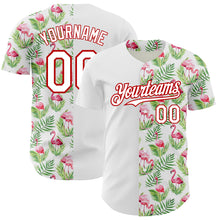 Laden Sie das Bild in den Galerie-Viewer, Custom White Red 3D Pattern Design Tropical Hawaii Palm Leaves And Flamingo Authentic Baseball Jersey