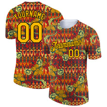 Load image into Gallery viewer, Custom Red Gold-Black 3D Pattern Floral Design Performance T-Shirt