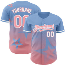 Laden Sie das Bild in den Galerie-Viewer, Custom Light Blue Medium Pink-White 3D Pattern Design Gradient Style Twinkle Star Authentic Baseball Jersey